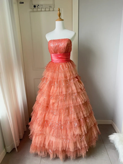 Gorgeous Evening outfit Ball Gown Strapless Orange With Tiered Layers Prom Dresses Long Formal Dress RC1459