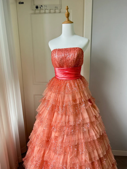 Gorgeous Evening outfit Ball Gown Strapless Orange With Tiered Layers Prom Dresses Long Formal Dress RC1459