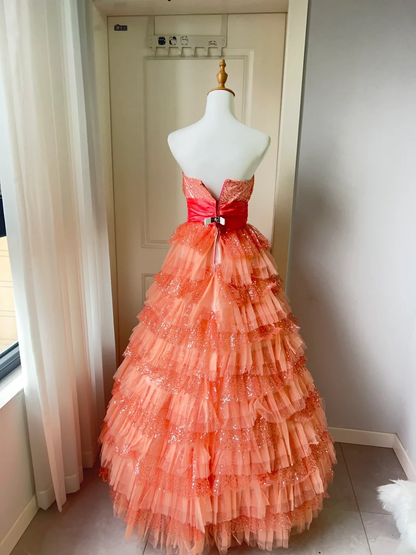 Gorgeous Evening outfit Ball Gown Strapless Orange With Tiered Layers Prom Dresses Long Formal Dress RC1459