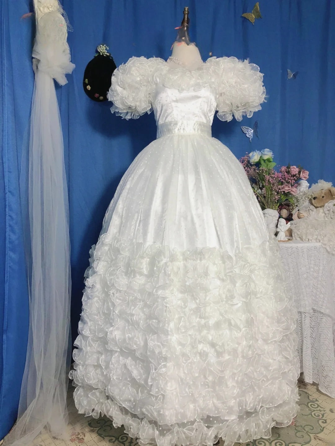 Sweet 16 Dress White Ball Gown Square Neck With Ruffled Tiered Sleeves Sweet Sixteen Dress RB9743