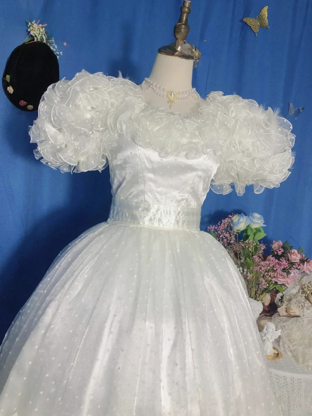 Sweet 16 Dress White Ball Gown Square Neck With Ruffled Tiered Sleeves Sweet Sixteen Dress RB9743