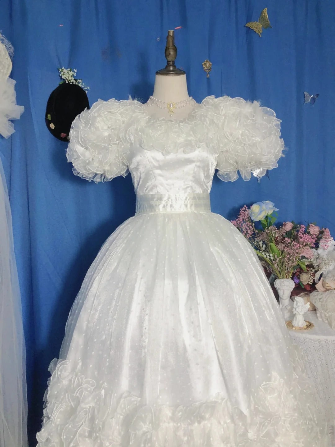 Sweet 16 Dress White Ball Gown Square Neck With Ruffled Tiered Sleeves Sweet Sixteen Dress RB9743