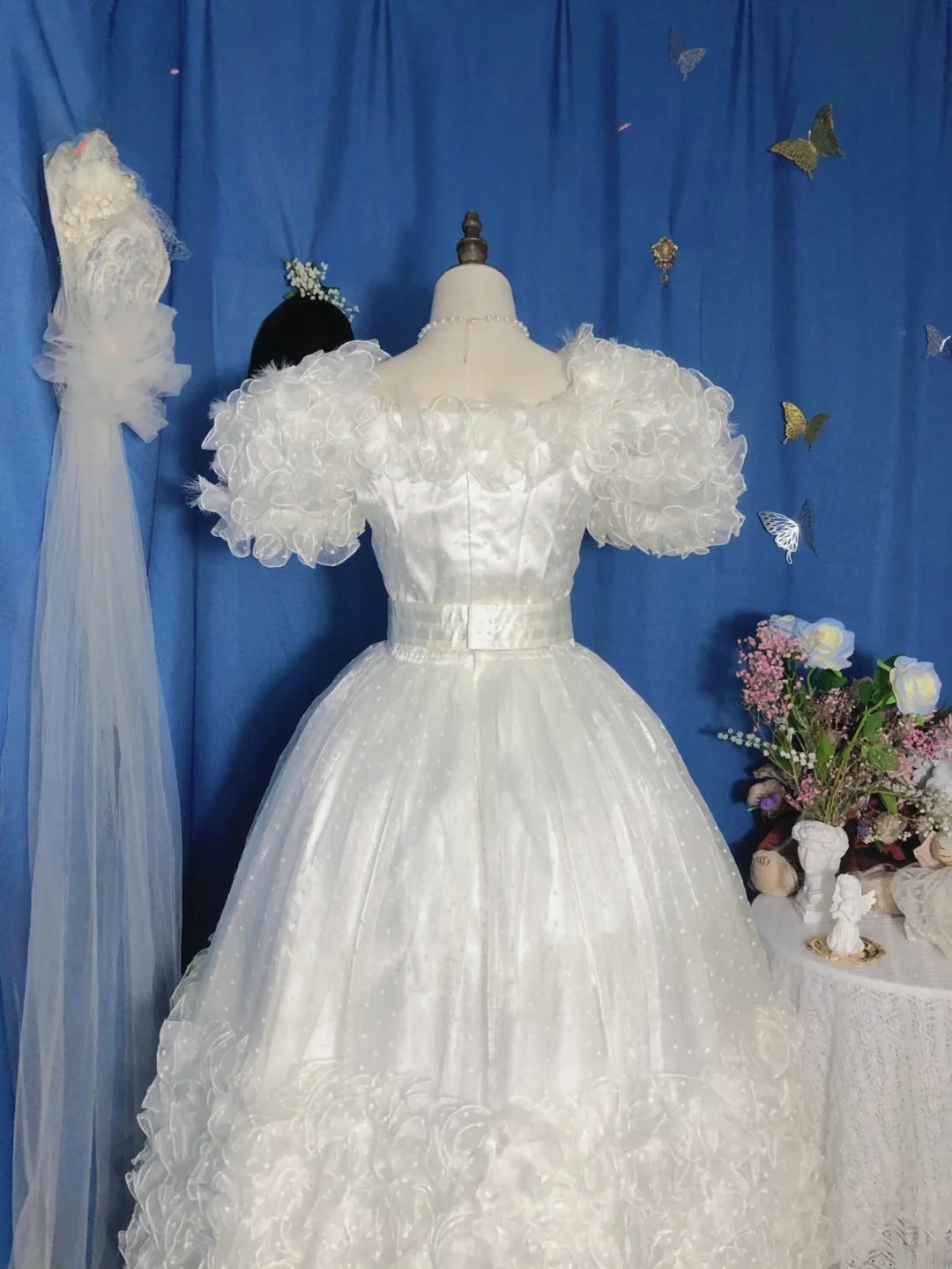 Sweet 16 Dress White Ball Gown Square Neck With Ruffled Tiered Sleeves Sweet Sixteen Dress RB9743