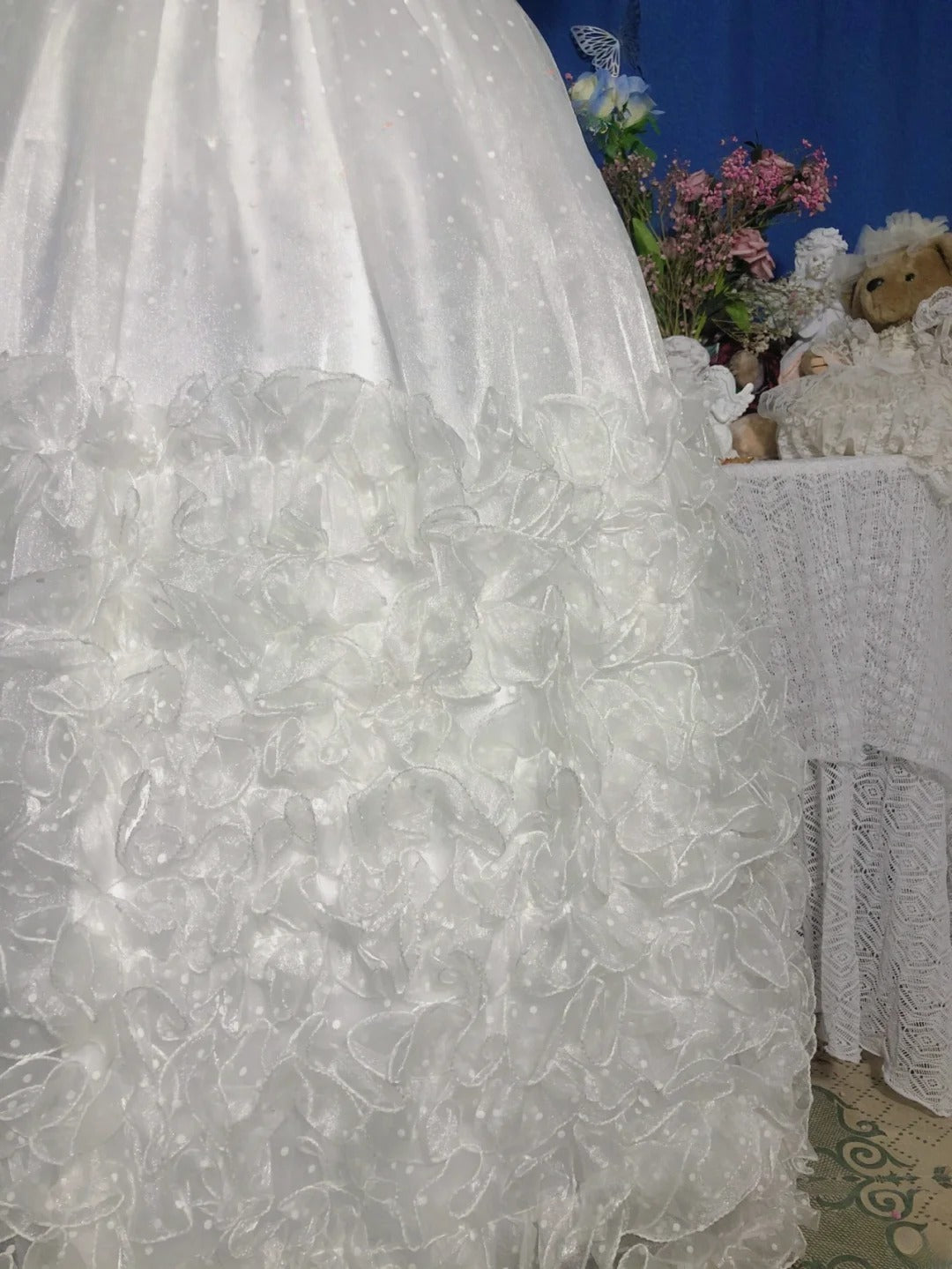 Sweet 16 Dress White Ball Gown Square Neck With Ruffled Tiered Sleeves Sweet Sixteen Dress RB9743