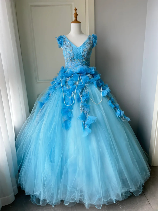Pretty Quinceanera Dress Ball Gown V Neck Blue Tulle With Appliques 18th Birthday Party Outfit RC1456