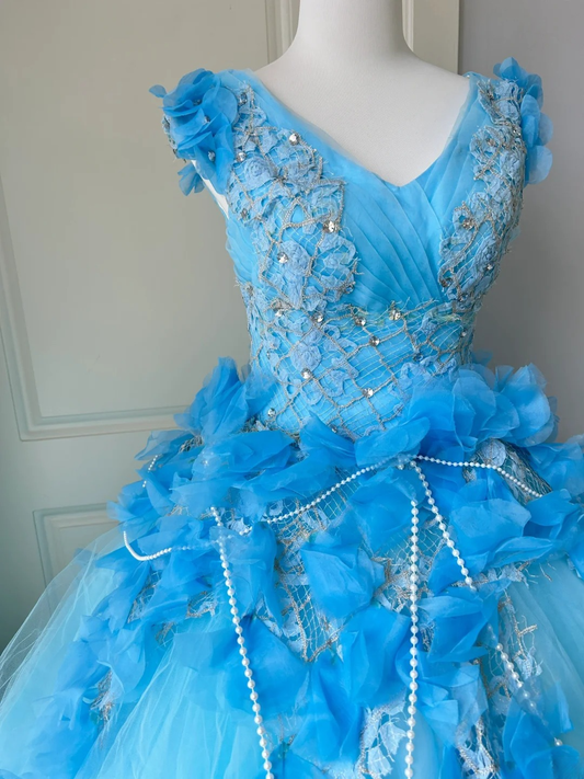 Pretty Quinceanera Dress Ball Gown V Neck Blue Tulle With Appliques 18th Birthday Party Outfit RC1456
