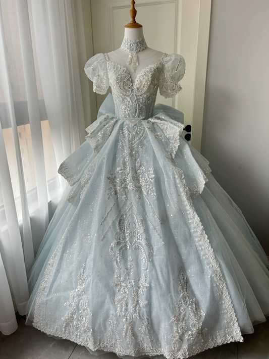 Princess Wedding Dress Ball Gown Scoop Light Blue Vintage Short Sleeves Floor Length Bridal Gown RC1455
