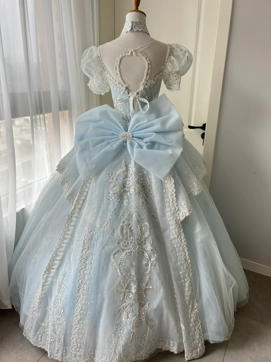 Princess Wedding Dress Ball Gown Scoop Light Blue Vintage Short Sleeves Floor Length Bridal Gown RC1455