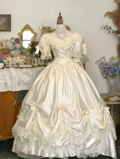 Vintage Wedding Dress Ball Gown V Neck White With Puffy Sleeves Lace Bridal Gown for Big Day RB9746
