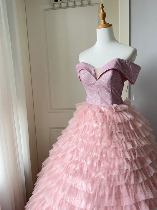 Pretty Quinceanera Dress Ball Gown Off The Shoulder Pink Tulle With Ruffled 18th Birthday Party Outfit RC1454