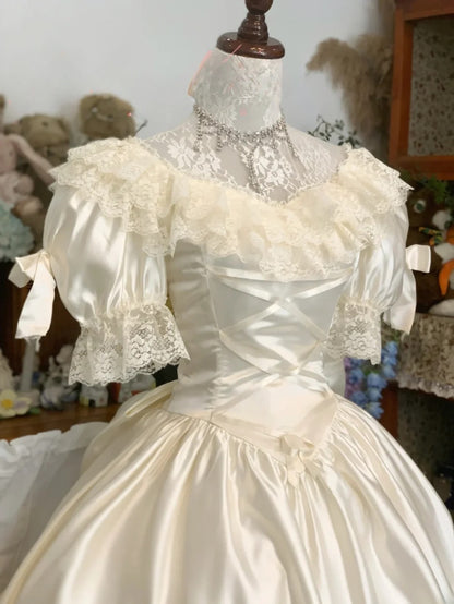 Vintage Wedding Dress Ball Gown V Neck White With Puffy Sleeves Lace Bridal Gown for Big Day RB9746