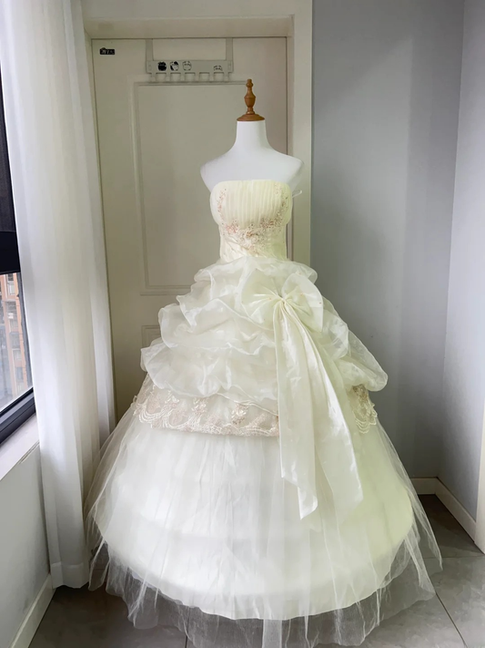 Pretty Quinceanera Dress Ball Gown Strapless Yellow Tulle With Ruffled Lace 18th Birthday Party Outfit RC1453