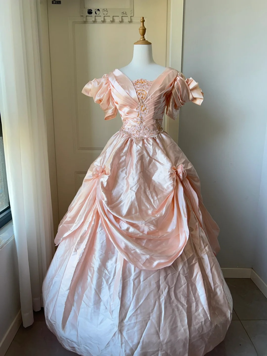 Pretty Quinceanera Dress Ball Gown Strapless Pink Satin With Ruffled Lace 18th Birthday Party Outfit RC1451