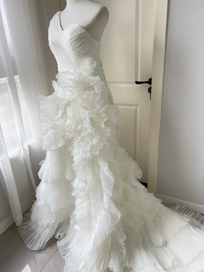 Princess Wedding Dress Ball Gown One Shoulder Vintage White Ruffled Floor Length Bridal Gown RC1450