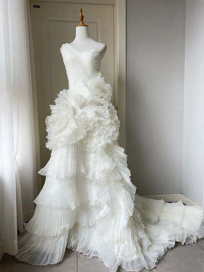 Princess Wedding Dress Ball Gown One Shoulder Vintage White Ruffled Floor Length Bridal Gown RC1450