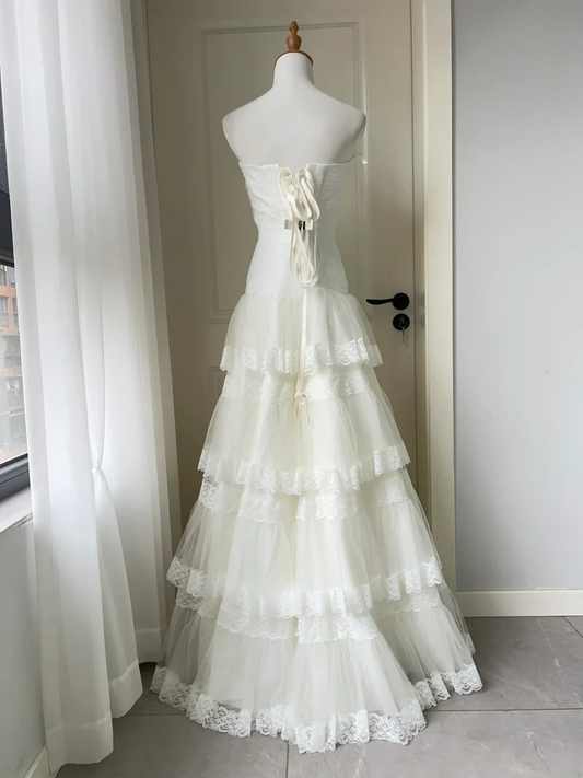 Princess Wedding Dress Mermaid Vintage Strapless White Lace Floor Length Bridal Gown RC1449