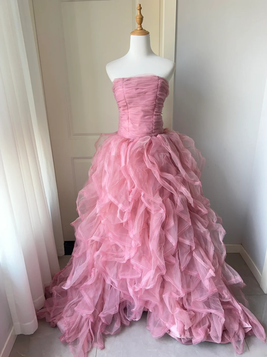 Pretty Quinceanera Dress Ball Gown Strapless Pink With Ruffled Layers 18th Birthday Party Outfit RC1448