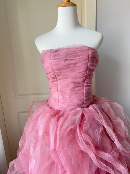 Pretty Quinceanera Dress Ball Gown Strapless Pink With Ruffled Layers 18th Birthday Party Outfit RC1448