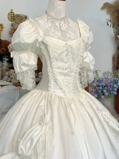 Vintage Wedding Dress Ball Gown Square Neck White With Puffy Sleeves Lace Bridal Gown for Big Day RB9749