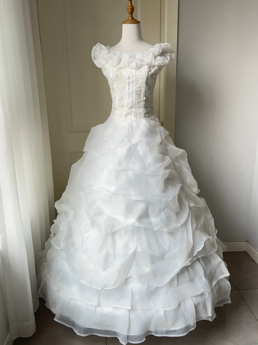 Pretty Quinceanera Dress Ball Gown Off The Shoulder White With Ruffled Tiered Layers 18th Birthday Party Outfit RC1447