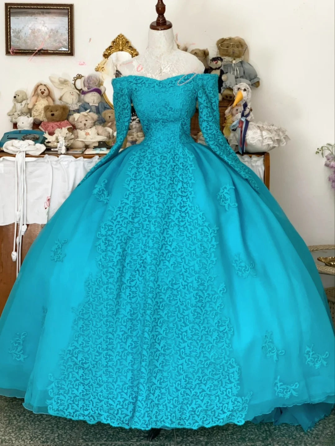 Sweet 16 Dress Ball Gown Off Shoulder Blue Lace With Long Sleeves Vestido De 15 Sweet Sixteen Dress RB9750