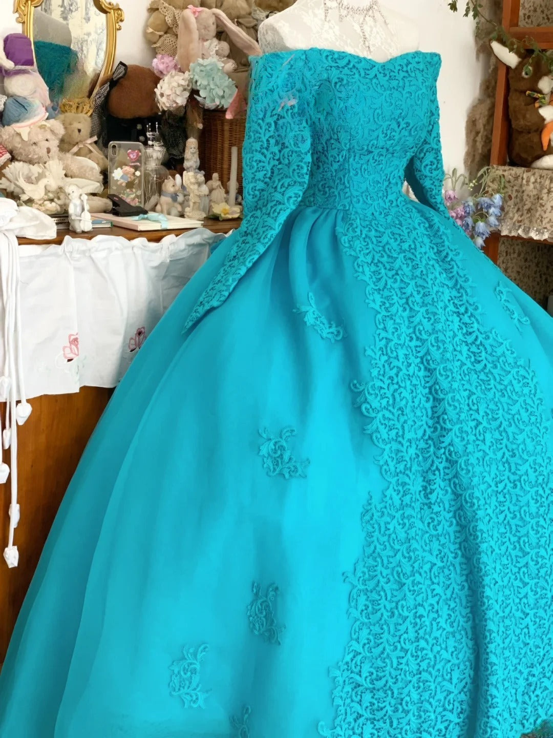 Sweet 16 Dress Ball Gown Off Shoulder Blue Lace With Long Sleeves Vestido De 15 Sweet Sixteen Dress RB9750
