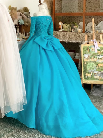 Sweet 16 Dress Ball Gown Off Shoulder Blue Lace With Long Sleeves Vestido De 15 Sweet Sixteen Dress RB9750