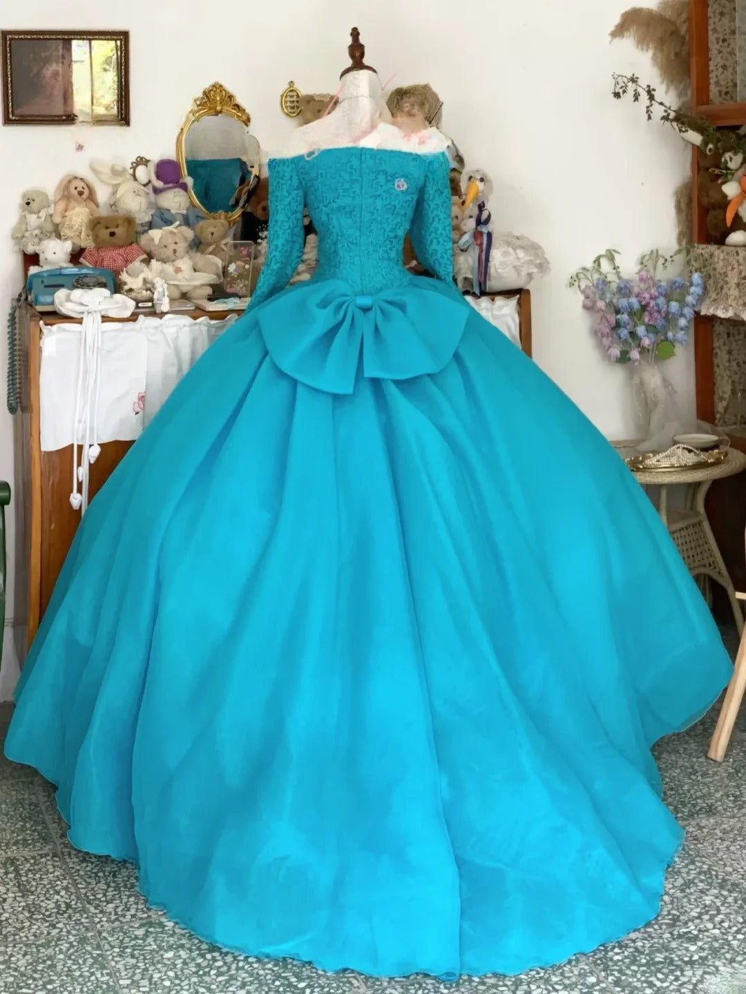 Sweet 16 Dress Ball Gown Off Shoulder Blue Lace With Long Sleeves Vestido De 15 Sweet Sixteen Dress RB9750