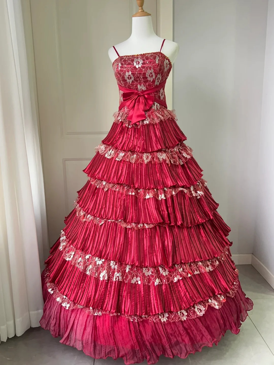 Pretty Quinceanera Dress Ball Gown Spaghetti Straps Red With Lace 18th Birthday Party Outfit RC1445