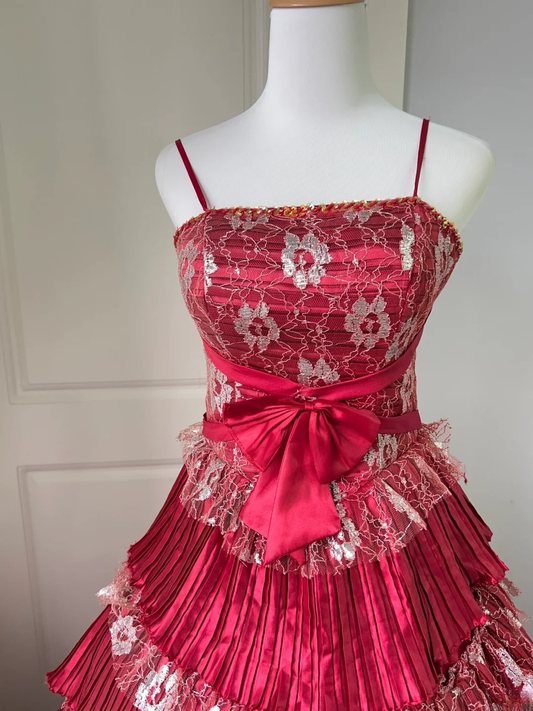 Pretty Quinceanera Dress Ball Gown Spaghetti Straps Red With Lace 18th Birthday Party Outfit RC1445