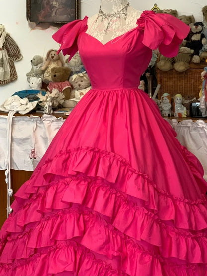 Sweet 16 Dress Hot Pink Ball Gown V Neck With Tiered Layers Sweet Sixteen Dress RB9751