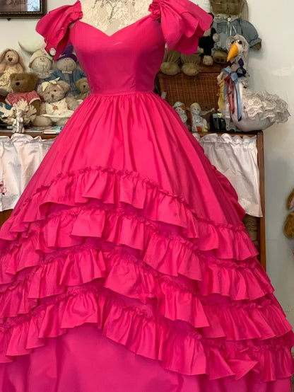 Sweet 16 Dress Hot Pink Ball Gown V Neck With Tiered Layers Sweet Sixteen Dress RB9751