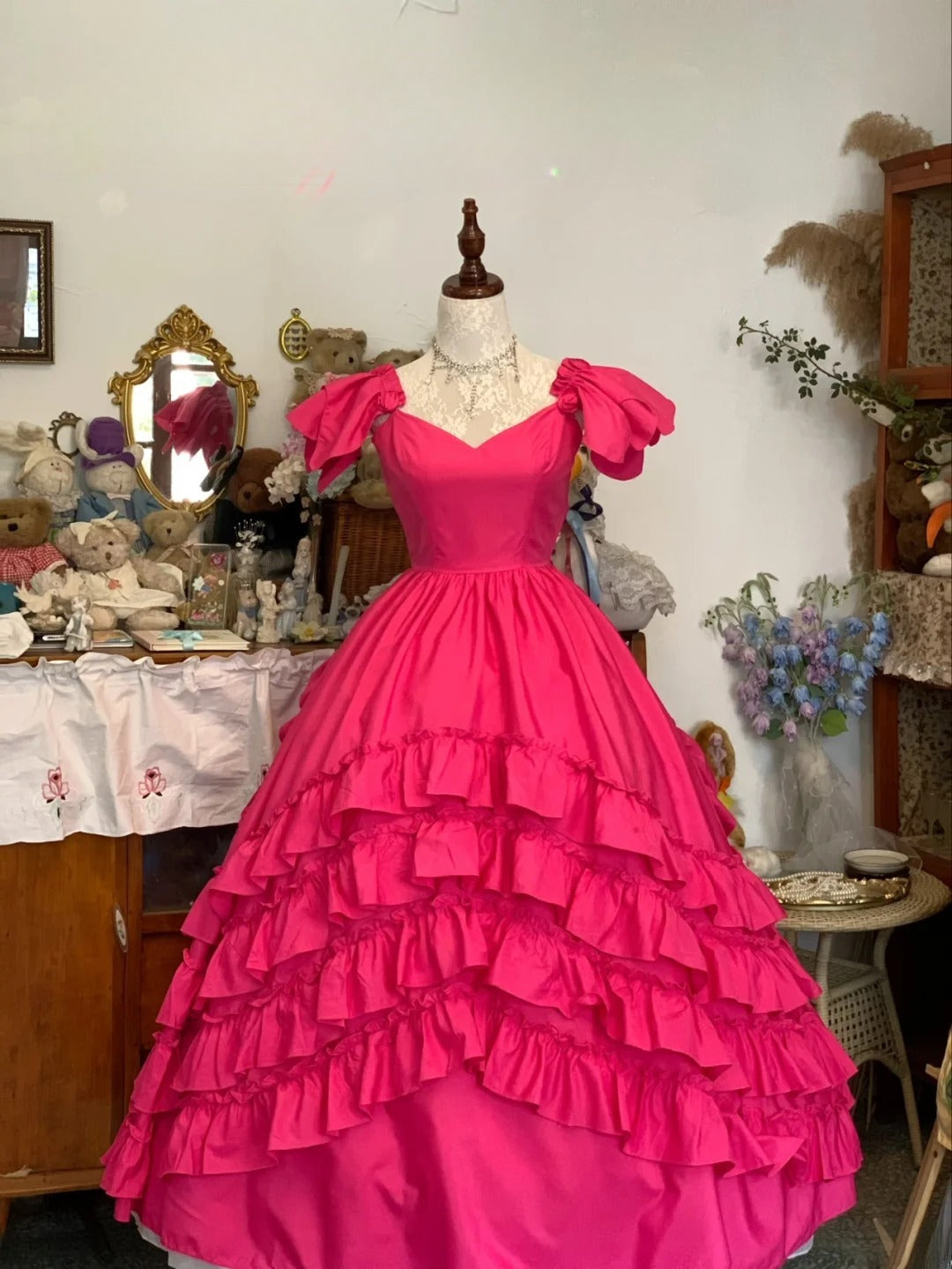Sweet 16 Dress Hot Pink Ball Gown V Neck With Tiered Layers Sweet Sixteen Dress RB9751