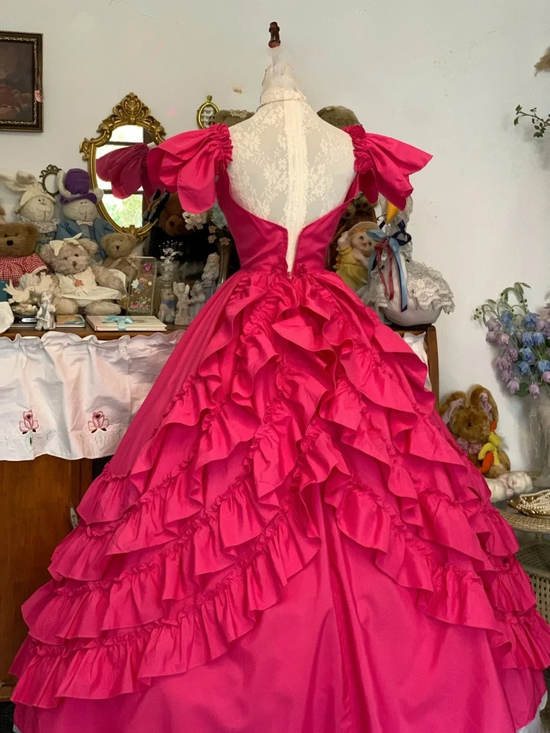 Sweet 16 Dress Hot Pink Ball Gown V Neck With Tiered Layers Sweet Sixteen Dress RB9751