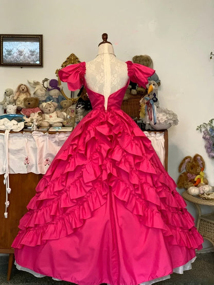 Sweet 16 Dress Hot Pink Ball Gown V Neck With Tiered Layers Sweet Sixteen Dress RB9751