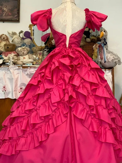 Sweet 16 Dress Hot Pink Ball Gown V Neck With Tiered Layers Sweet Sixteen Dress RB9751