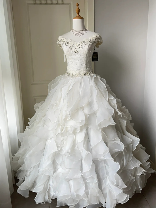 Pretty Quinceanera Dress Ball Gown Off The Shoulder White With Tiered Layers 18th Birthday Party Outfit RC1443