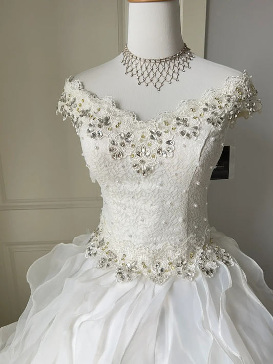 Pretty Quinceanera Dress Ball Gown Off The Shoulder White With Tiered Layers 18th Birthday Party Outfit RC1443