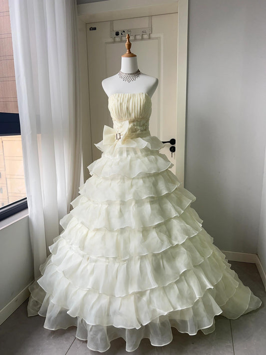 Pretty Quinceanera Dress Ball Gown Strapless Yellow With Tiered Layers 16th Birthday Party Outfit RC1440