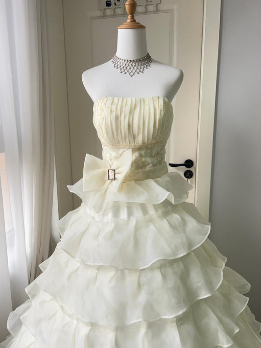 Pretty Quinceanera Dress Ball Gown Strapless Yellow With Tiered Layers 16th Birthday Party Outfit RC1440