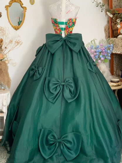 Sweet 16 Dress Emerald Green Ball Gown Sweetheart With Bow-knot Satin Sweet Sixteen Dress RB9754