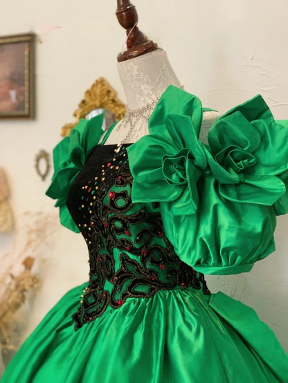 Sweet 16 Dress Green Ball Gown Strapless With Appliques Satin Sweet Sixteen Dress RB9755
