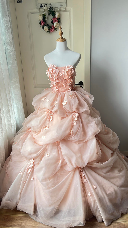 Ball Gown Strapless Blush Pink Sleeveless With Flowers Women's Long Quinceanera Dresses Sweet 16 Quince Dress RC1437