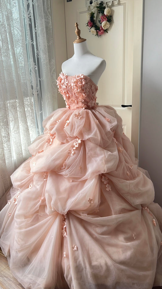 Ball Gown Strapless Blush Pink Sleeveless With Flowers Women's Long Quinceanera Dresses Sweet 16 Quince Dress RC1437
