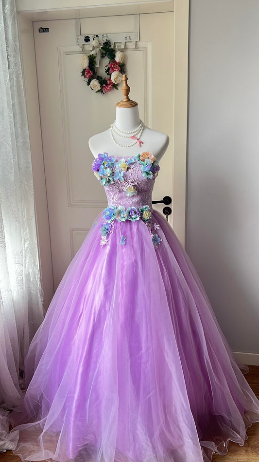 Pretty Quinceanera Dress Ball Gown Strapless Lilac Tulle With Flowers 16th Birthday Party Outfit RC1438