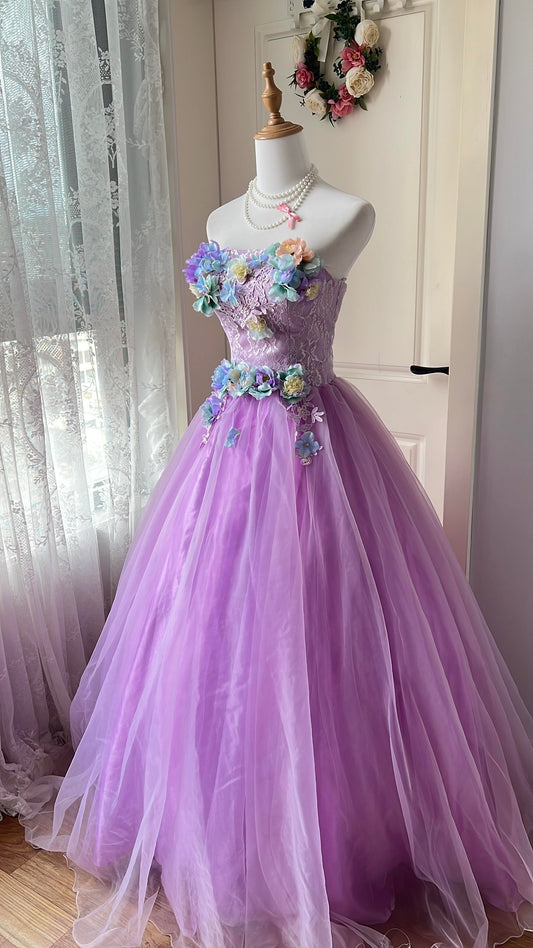 Pretty Quinceanera Dress Ball Gown Strapless Lilac Tulle With Flowers 16th Birthday Party Outfit RC1438