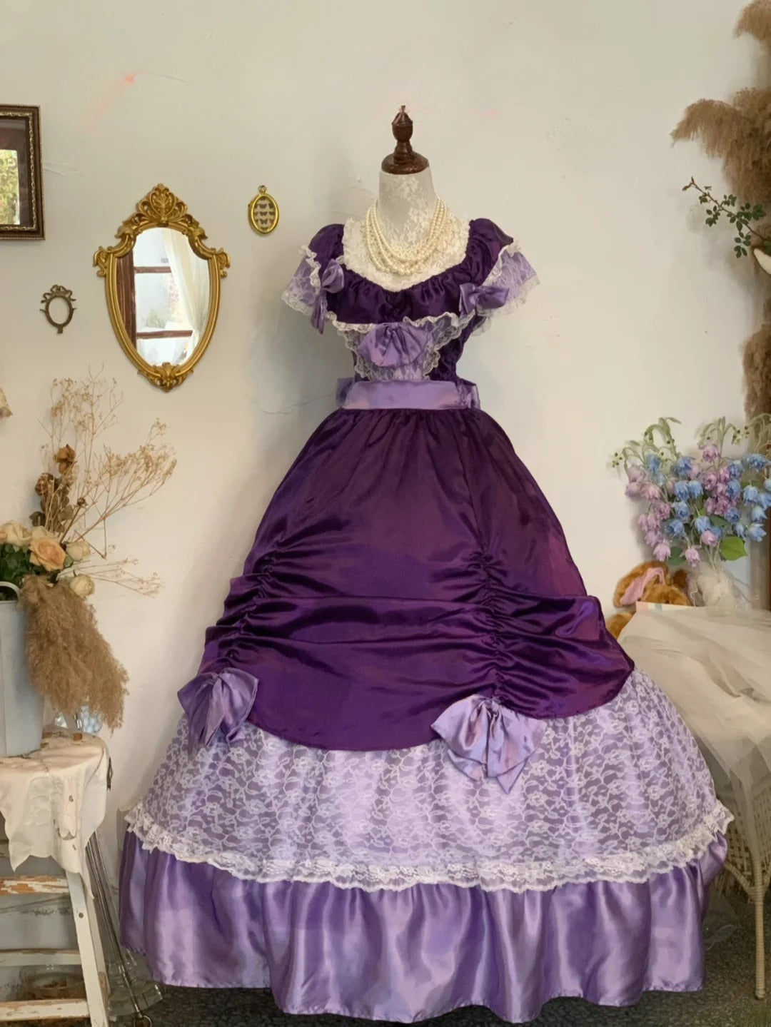 Sweet 16 Dress Purple Ball Gown V Neck With Lace Sleeves Satin Sweet Sixteen Dress RB9758