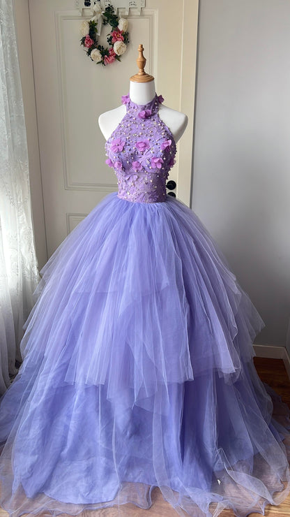 Sweet 16 Quinceanera Dress Ball Gown High Neck Tulle Lilac With Flowers Birthday Party Gown RC0861