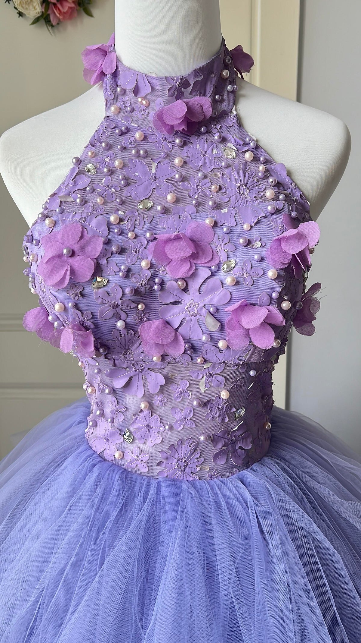 Sweet 16 Quinceanera Dress Ball Gown High Neck Tulle Lilac With Flowers Birthday Party Gown RC0861
