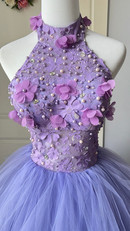 Sweet 16 Quinceanera Dress Ball Gown High Neck Tulle Lilac With Flowers Birthday Party Gown RC0861